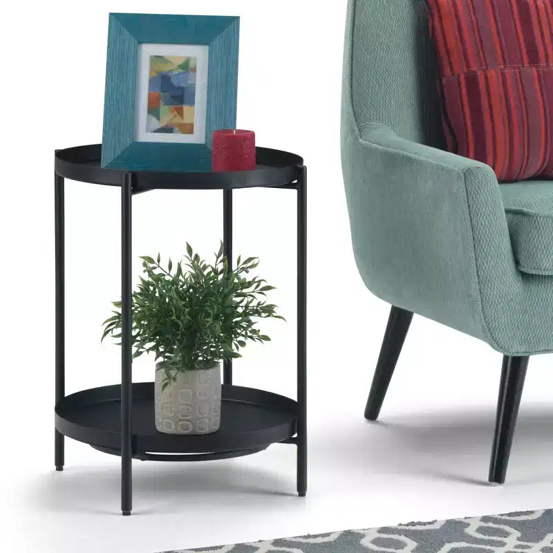 17" Metal End Table Black - : Industrial Style, Removable Tray, Iron Frame & Shelf