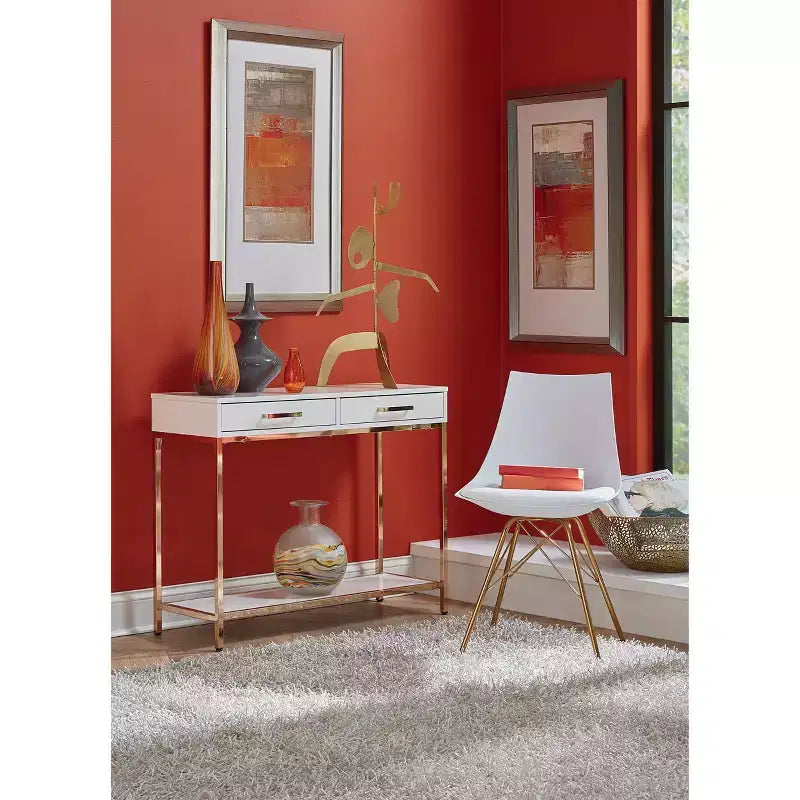 Foyer Table Gold - : Mid-Century Modern, Steel Frame, Dual Drawer Storage