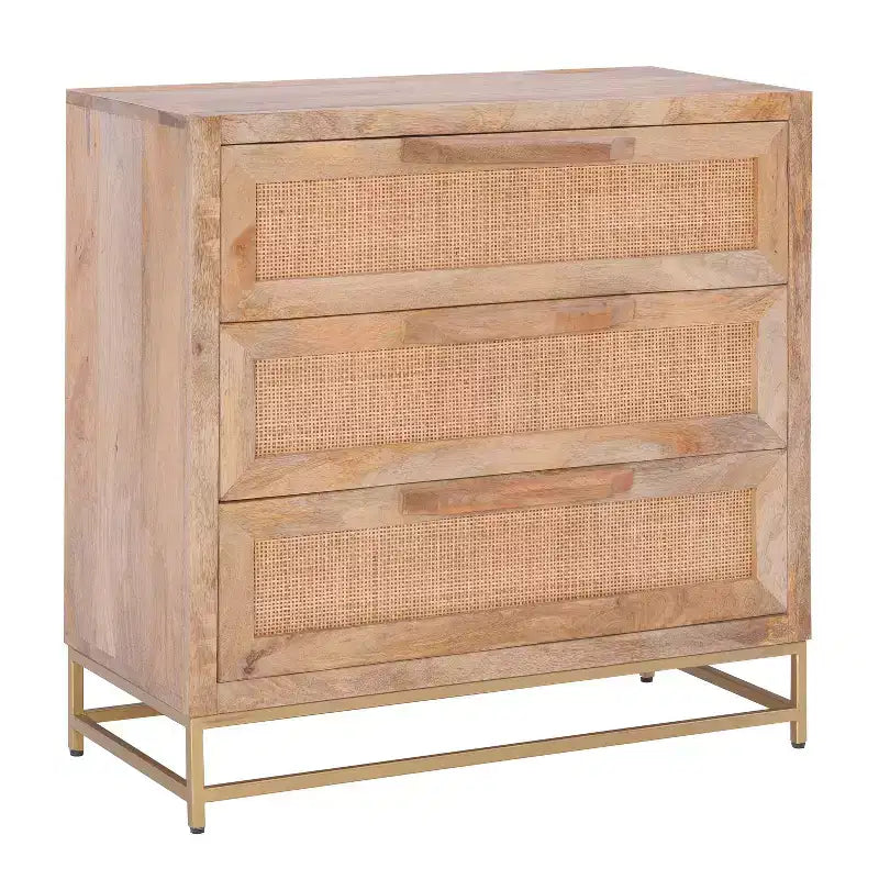 Gordon Transitional 3 Natural Cane Drawers Cabinet with Gold Metal Base - Powell