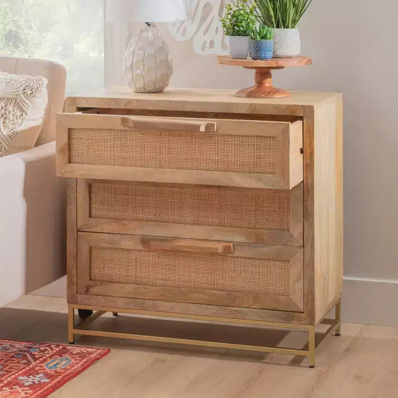 Transitional 3 Natural Cane Drawers Cabinet with Gold Metal Base