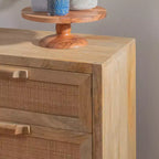 Transitional 3 Natural Cane Drawers Cabinet with Gold Metal Base
