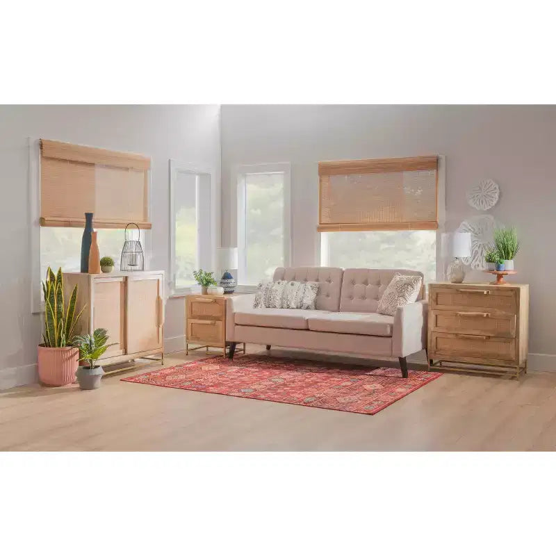 Transitional 3 Natural Cane Drawers Cabinet with Gold Metal Base