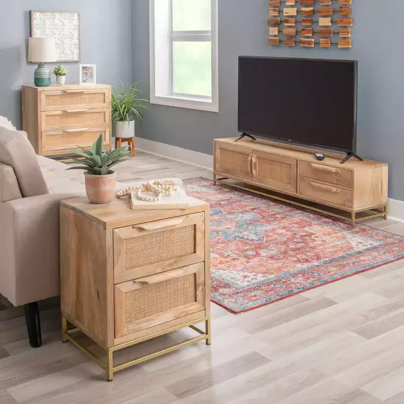 Transitional 3 Natural Cane Drawers Cabinet with Gold Metal Base
