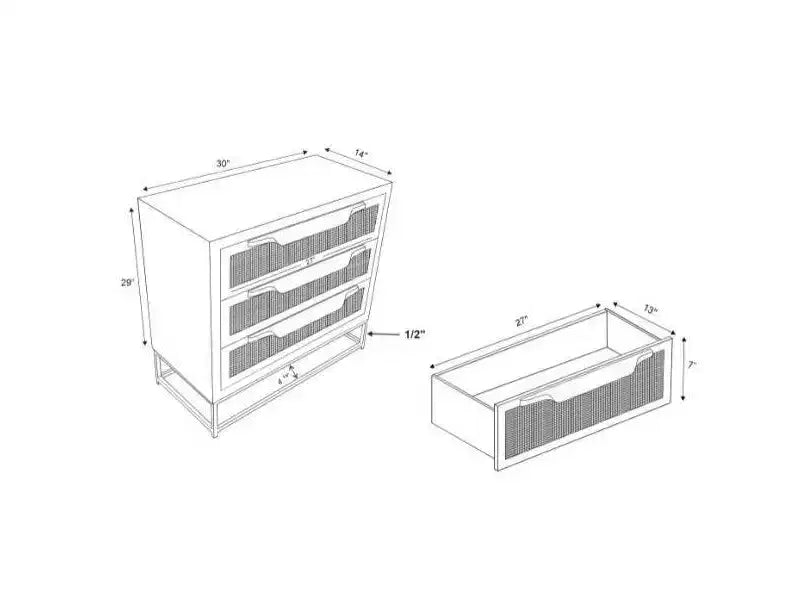 Transitional 3 Natural Cane Drawers Cabinet with Gold Metal Base