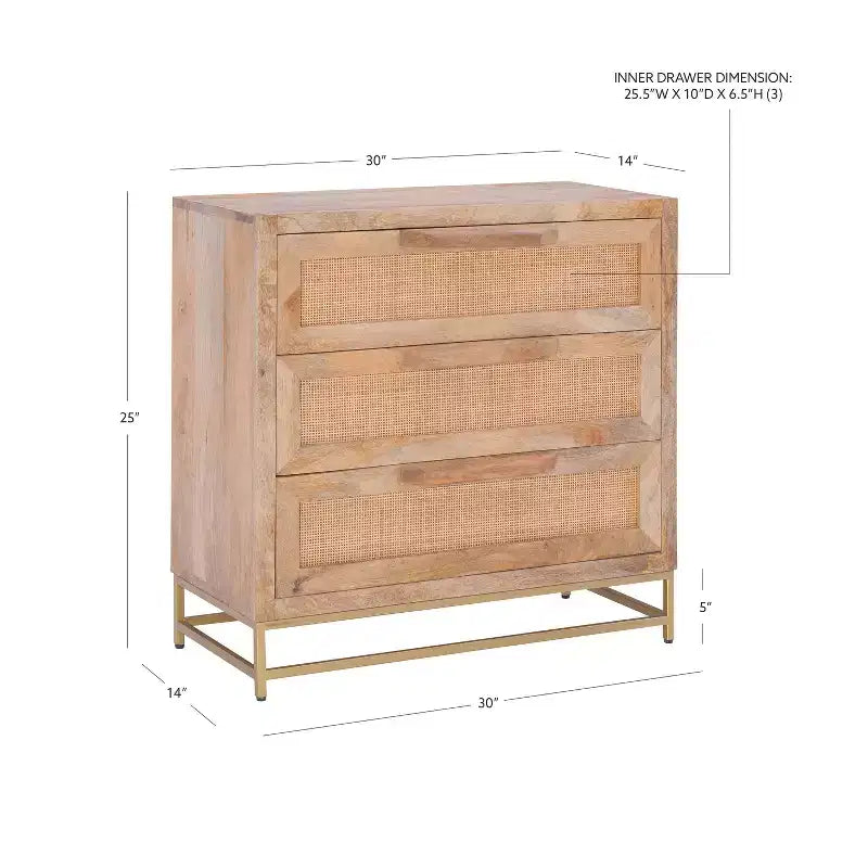 Transitional 3 Natural Cane Drawers Cabinet with Gold Metal Base