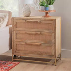 Transitional 3 Natural Cane Drawers Cabinet with Gold Metal Base
