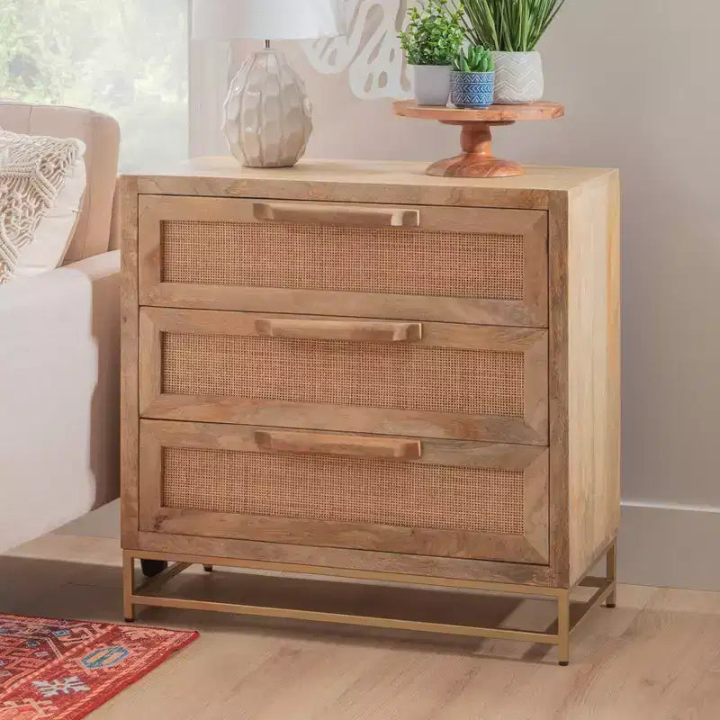 Transitional 3 Natural Cane Drawers Cabinet with Gold Metal Base