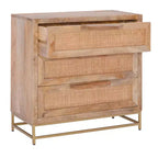 Transitional 3 Natural Cane Drawers Cabinet with Gold Metal Base