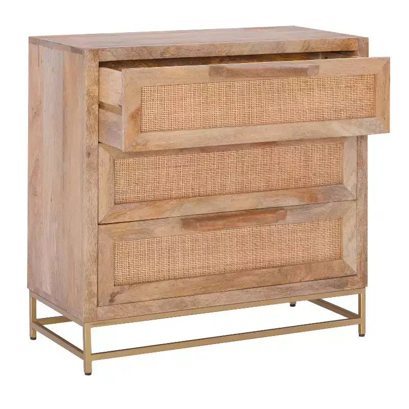 Transitional 3 Natural Cane Drawers Cabinet with Gold Metal Base