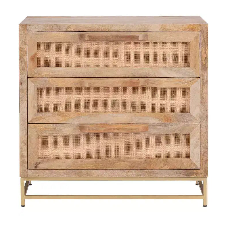 Transitional 3 Natural Cane Drawers Cabinet with Gold Metal Base