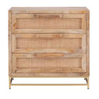 Transitional 3 Natural Cane Drawers Cabinet with Gold Metal Base