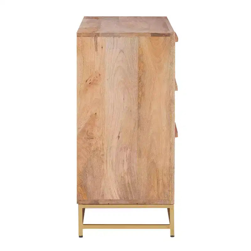 Transitional 3 Natural Cane Drawers Cabinet with Gold Metal Base
