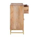 Transitional 3 Natural Cane Drawers Cabinet with Gold Metal Base