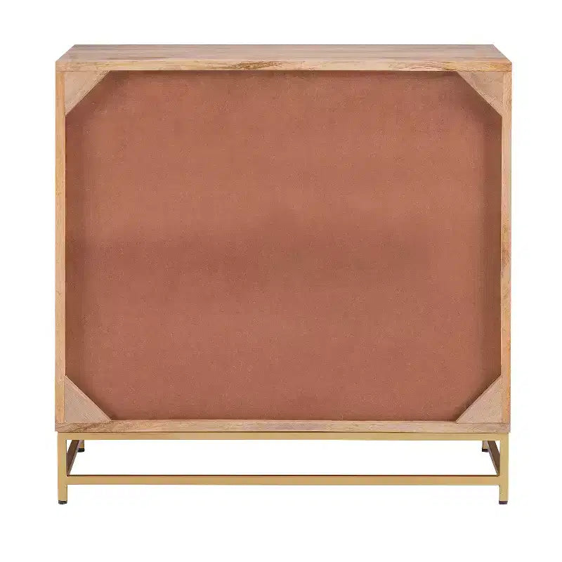 Transitional 3 Natural Cane Drawers Cabinet with Gold Metal Base