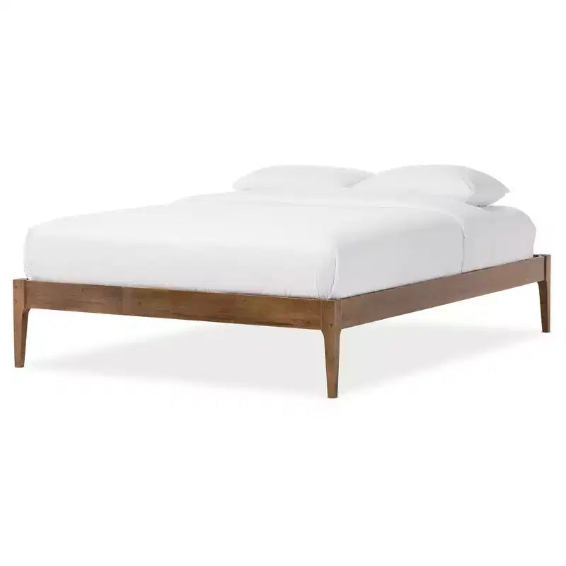 Baxton Studio Queen Bentley Mid-Century Modern Solid Wood Bed Frame Walnut Brown : Rubberwood, No Box Spring Needed