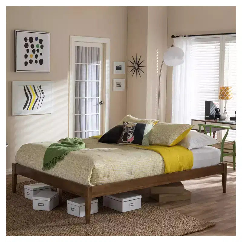 Queen Mid-Century Modern Solid Wood Bed Frame Walnut Brown : Rubberwood, No Box Spring Needed