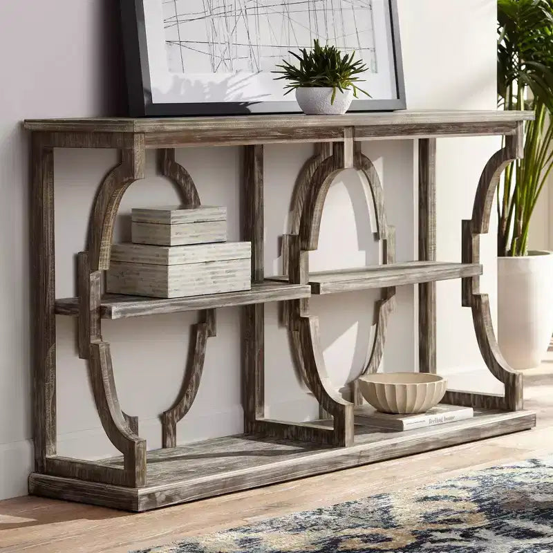 Farmhouse Rustic Chestnut Wood Console Table 64 x 15 with Bookshelf Brown 3-Tier for Living Room Bedroom Bedside House