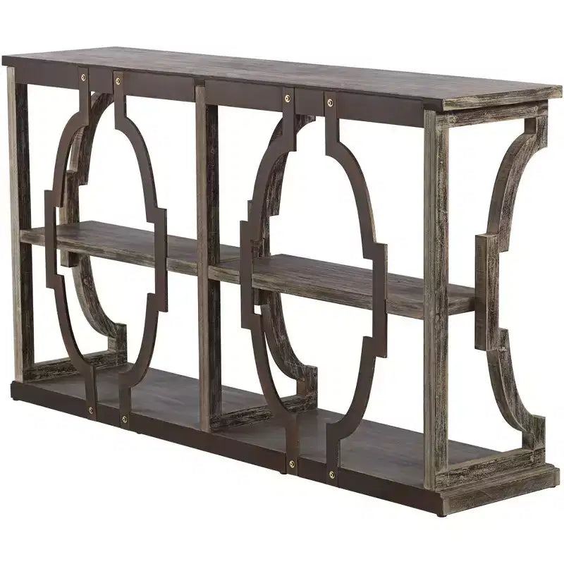 Farmhouse Rustic Chestnut Wood Console Table 64 x 15 with Bookshelf Brown 3-Tier for Living Room Bedroom Bedside House