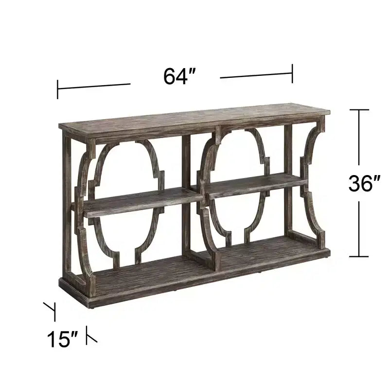 Farmhouse Rustic Chestnut Wood Console Table 64 x 15 with Bookshelf Brown 3-Tier for Living Room Bedroom Bedside House